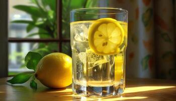 Fresh lemonade on a wooden table, ice cold and refreshing generated by AI photo