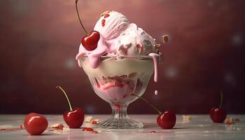 Freshness and sweetness in a bowl of berry ice cream generated by AI photo