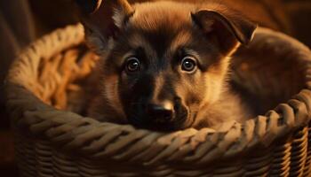 Cute puppy sitting in a basket, looking at camera generated by AI photo