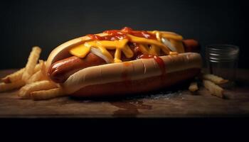 Grilled beef, hot dog, fries, ketchup, unhealthy American snack generated by AI photo