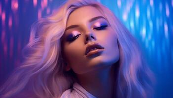 Beautiful blond woman with curly hair, looking sensually at camera generated by AI photo