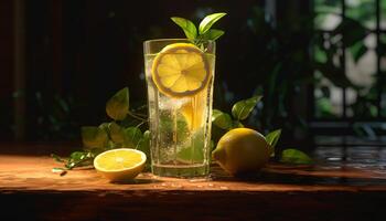 Fresh lemon slice on wooden table with ice and mint generated by AI photo