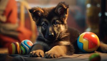 Cute puppy playing with a yellow ball outdoors generated by AI photo