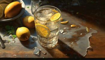 Fresh lemon slice on wooden table, refreshing summer citrus drink generated by AI photo