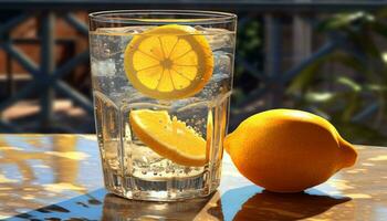 Fresh lemon on wooden table, refreshing summer drink generated by AI photo