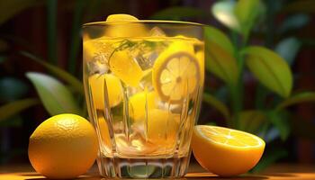 Fresco limón rebanada en un amarillo mesa, refrescante verano bebida generado por ai foto