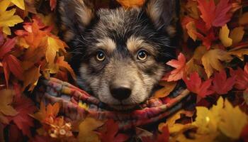 linda perrito sentado en otoño bosque, mirando a cámara generado por ai foto