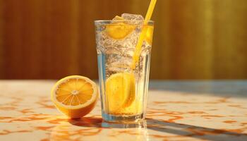 Fresh lemonade on a wooden table, perfect summer refreshment generated by AI photo