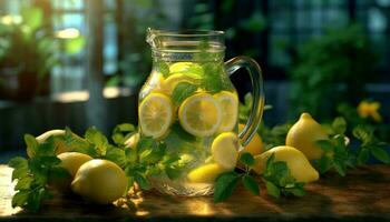 Fresh lemonade on a wooden table, nature refreshing summer drink generated by AI photo