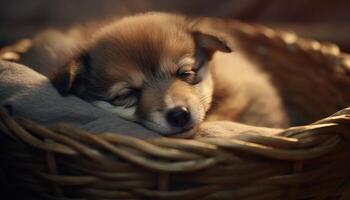 Cute puppy sleeping, fluffy and small, resting in basket generated by AI photo