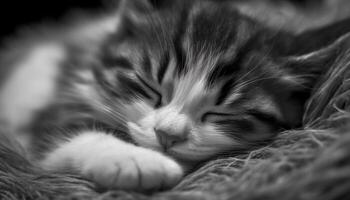 Cute kitten sleeping, fur softness, whisker close up, eyes closed generated by AI photo