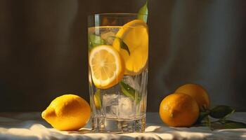 Fresh lemonade on a wooden table, quenching summer thirst generated by AI photo