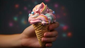 Hand holding ice cream cone, enjoying sweet summer refreshment generated by AI photo