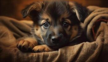 Cute puppy sitting, looking at camera, fluffy and playful generated by AI photo