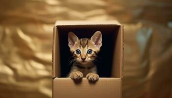 linda gatito ocultación en un caja, echar un vistazo y curioso generado por ai foto