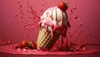 Strawberry dessert, ice cream, gourmet chocolate, fresh berry indulgence generated by AI photo