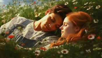 Young couple embracing, lying down in meadow, enjoying nature generated by AI photo