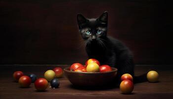 Cute kitten sitting on table, looking at tomato bowl generated by AI photo