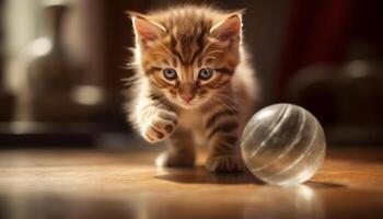 Cute kitten playing with toy ball, looking at camera generated by AI photo