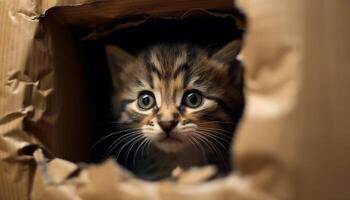 Cute kitten, playful and curious, staring with selective focus generated by AI photo