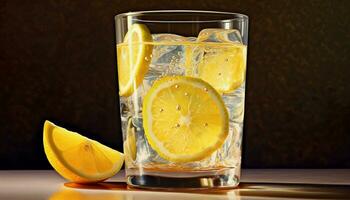 Fresh lemon slice in a glass of icy citrus drink generated by AI photo