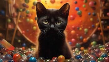 Cute kitten playing with toy, staring with curious green eyes generated by AI photo