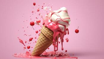 Ice cream cone, strawberry, chocolate, vanilla, refreshing, fruity, delicious generated by AI photo