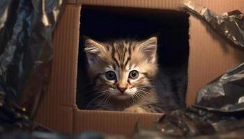 Cute kitten looking at camera, sitting inside cardboard box generated by AI photo