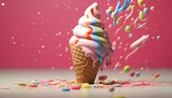 Colorful ice cream cone falling on abstract background, summer celebration generated by AI photo