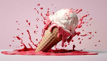 Melting ice cream ball splashing strawberry sauce, sweet indulgence generated by AI photo