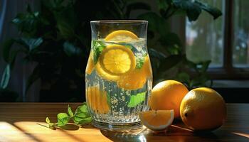 Refreshing citrus cocktail on wooden table with ice and lemon generated by AI photo