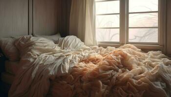 cómodo cama con mullido almohadas, rodeado por moderno elegancia generado por ai foto