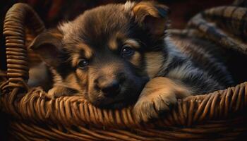 Cute puppy playing outdoors, looking at camera with fluffy fur generated by AI photo