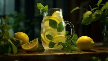 Fresh lemonade on a wooden table, refreshing summer drink generated by AI photo