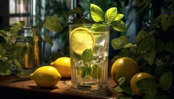 Fresh lemonade on a wooden table, a refreshing summer drink generated by AI photo