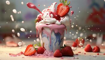 Strawberry dessert, gourmet freshness, chocolate cream, raspberry ice, homemade whipped cream generated by AI photo