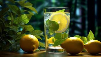 Fresco limón rebanada en hielo, un refrescante verano bebida generado por ai foto