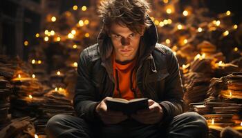 A young man sitting outdoors by a fire, smiling and relaxed generated by AI photo