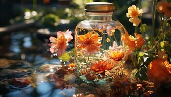 un Fresco amarillo flor en un vaso florero refleja naturaleza generado por ai foto