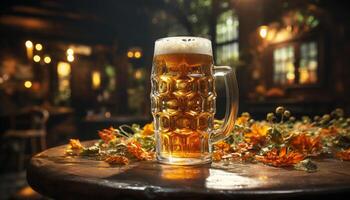 cerveza vaso en de madera mesa en un pub, espumoso y refrescante generado por ai foto