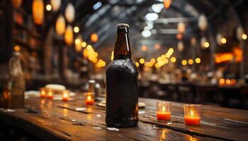 Night celebration, candle flame illuminates alcohol bottle on dark table generated by AI photo