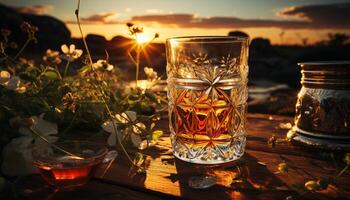 Whiskey glass on wooden table, sunset outdoors, nature liquid gold generated by AI photo