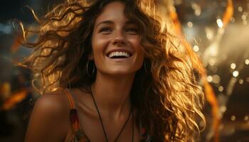 One young woman smiling, looking at camera, enjoying outdoors generated by AI photo