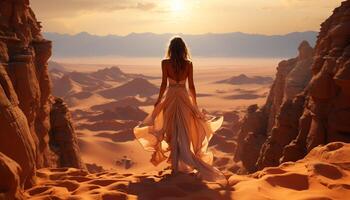 A woman stands on a cliff, enjoying the majestic sunset generated by AI photo