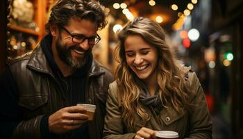 Smiling men and women enjoy coffee, love, and togetherness outdoors generated by AI photo