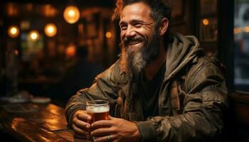 un sonriente hombre disfrutando un medio litro a un bar a noche generado por ai foto