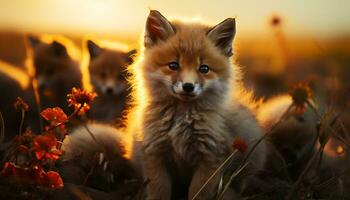 Cute puppy sitting in grass, looking at sunset, fluffy fur generated by AI photo