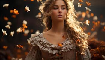 A beautiful young woman in autumn, surrounded by nature elegance generated by AI photo