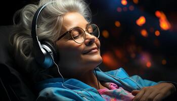 sonriente mujer disfrutando al aire libre, escuchando a música con auriculares generado por ai foto