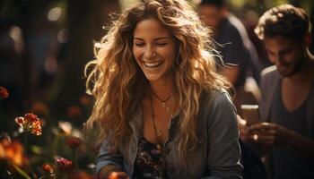 sonriente joven mujer disfrutando al aire libre, despreocupado y lleno de felicidad generado por ai foto